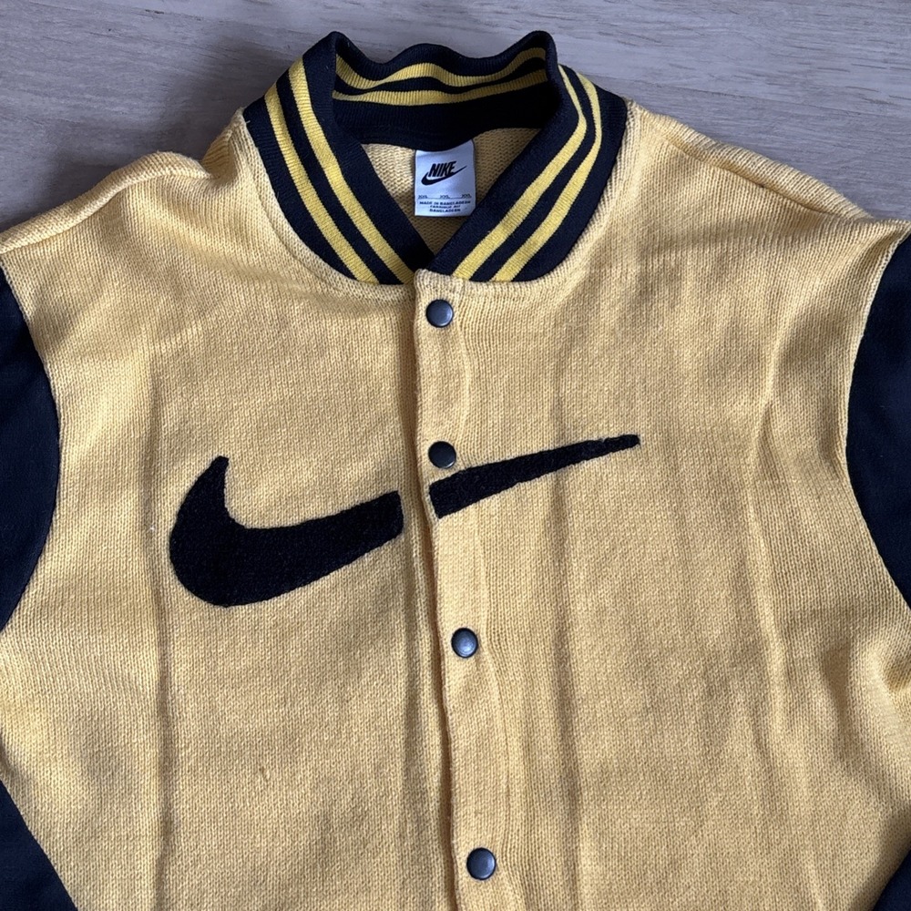 Vintage Nike Big Swoosh Knit Varsity Cardigan Jacket Yellow Black MENS XXL Snap